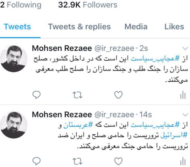 دو پبام توئیتری محسن رضایی با هشتک عجایب سیاست